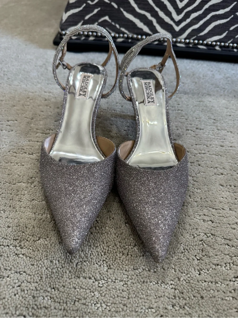 Badgley Mischka Autumn Silver Glitter Pointed Toe Mid-Heel Pump with Ankle Strap